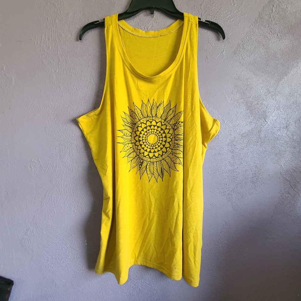 Bellelily Tank Top Women XL Golden Yellow Mandala Sunflower Graphic Boho Casual